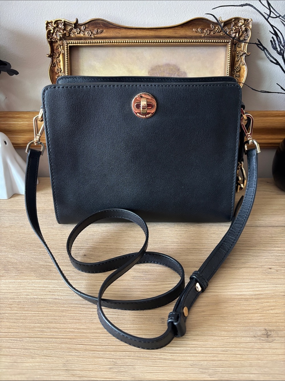 Michael Kors Black Leather Crossbody Bag with Gold Turn-Lock
